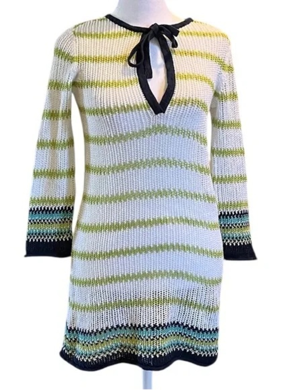Striped Open-Neck Short Sleeve Knit Top - White & Lime